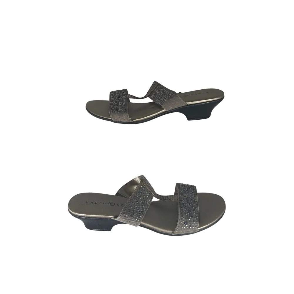 Karen Scott Eddina Sandals 6M Champagne Pewter‎ Rhinestone Low Wedge Slide Shoes